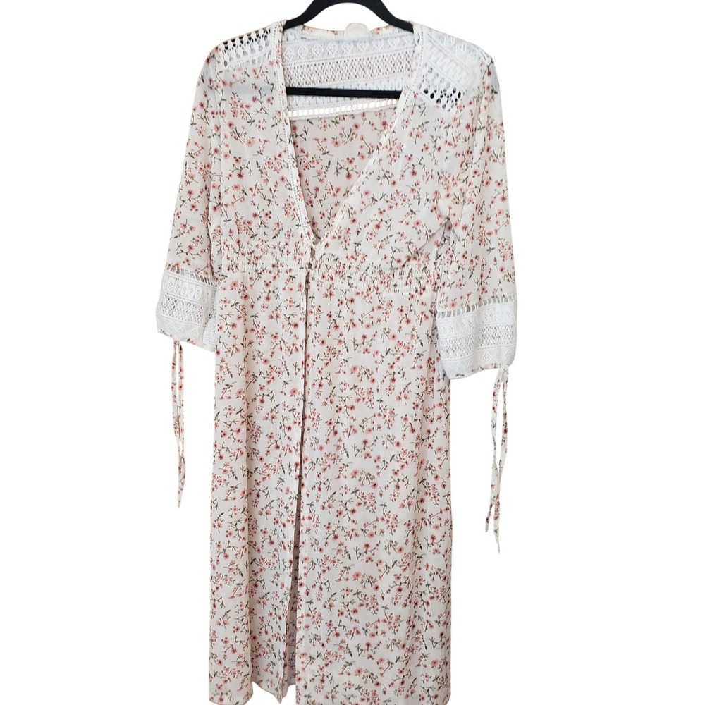 Ember Women‎ Floral Lace Trim Duster Cardigan L White Pink